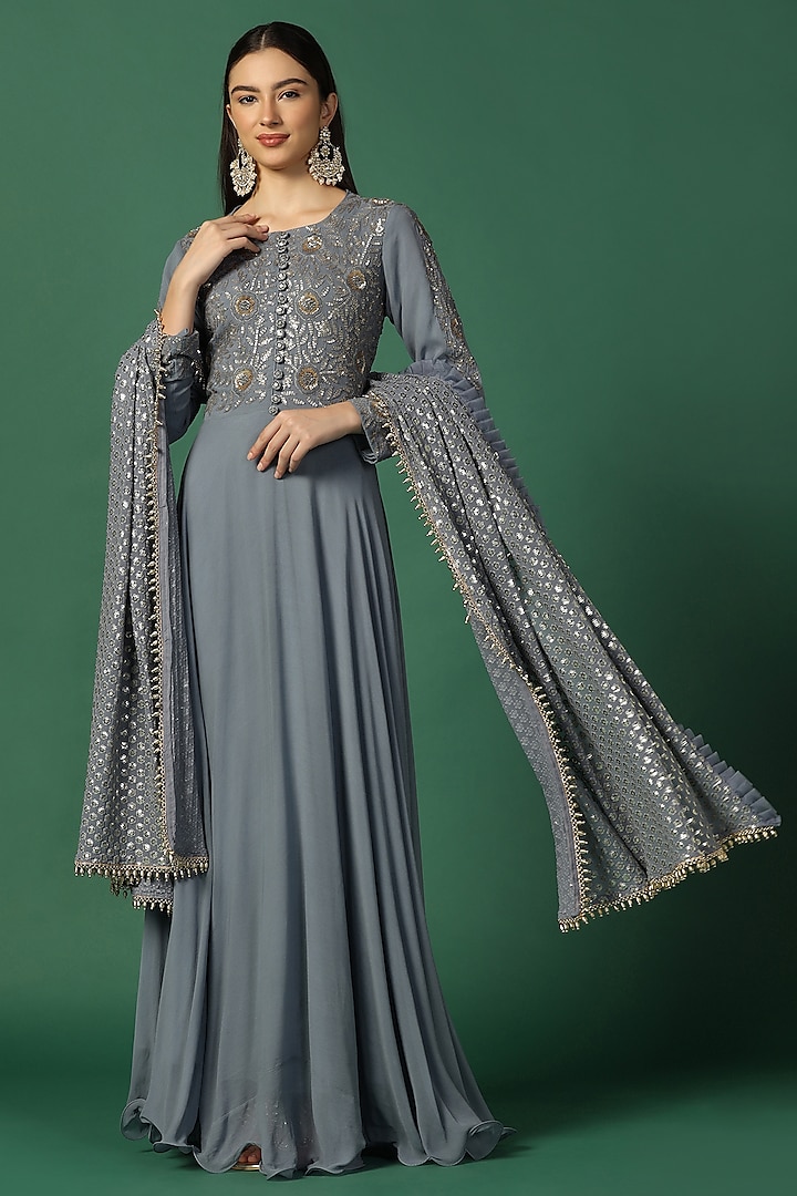 Powder Grey Georgette Embroidered Anarkali Set by Two Sisters By Gyans