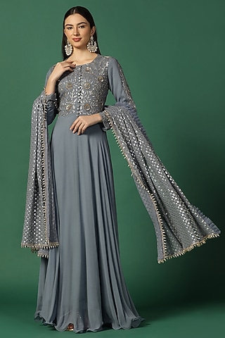 Powder Grey Georgette Embroidered Anarkali Set by Two Sisters By Gyans