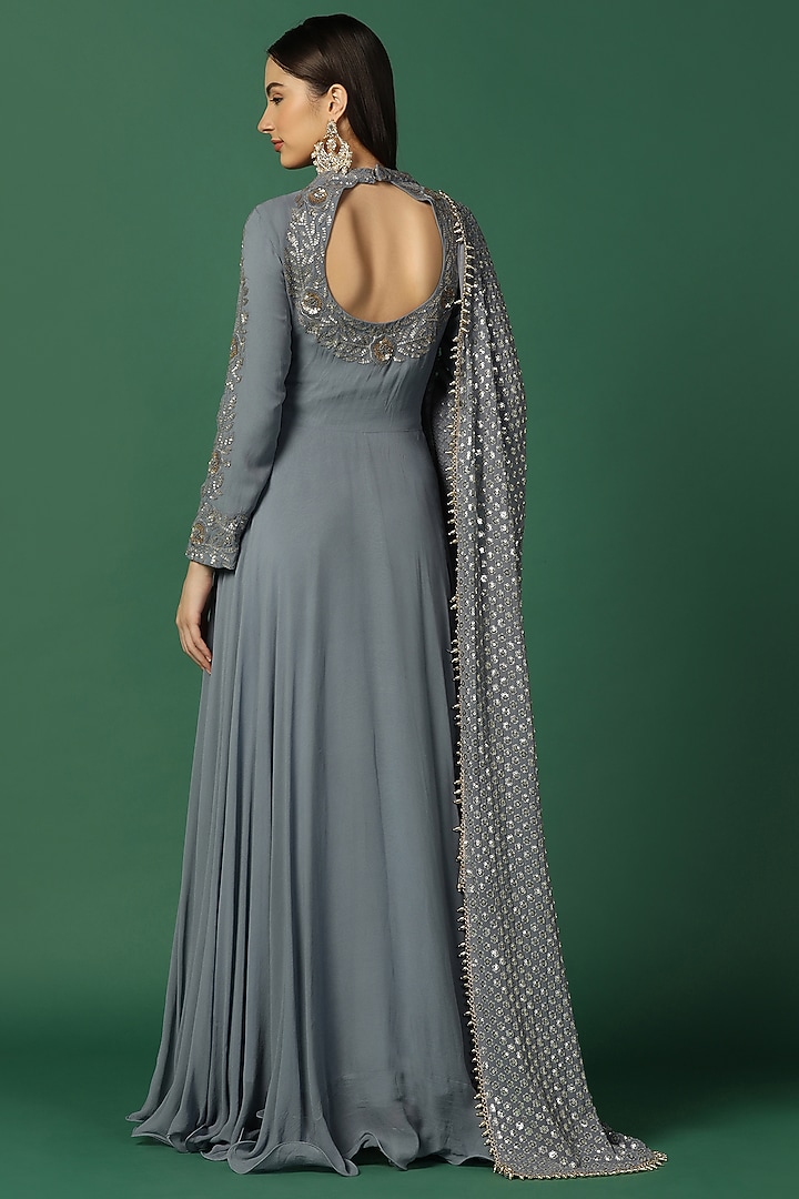 Powder Grey Georgette Embroidered Wedding Anarkali Set by Two Sisters By Gyans at Pernia's Pop Up Shop
