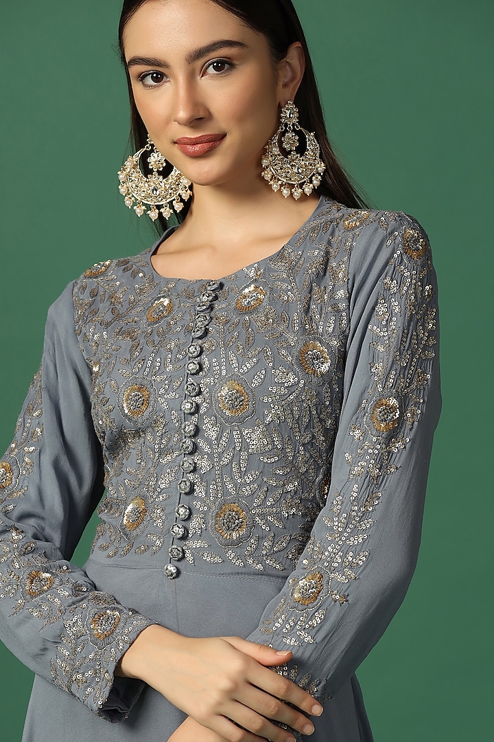 Powder Grey Georgette Embroidered Wedding Anarkali Set by Two Sisters By Gyans at Pernia's Pop Up Shop