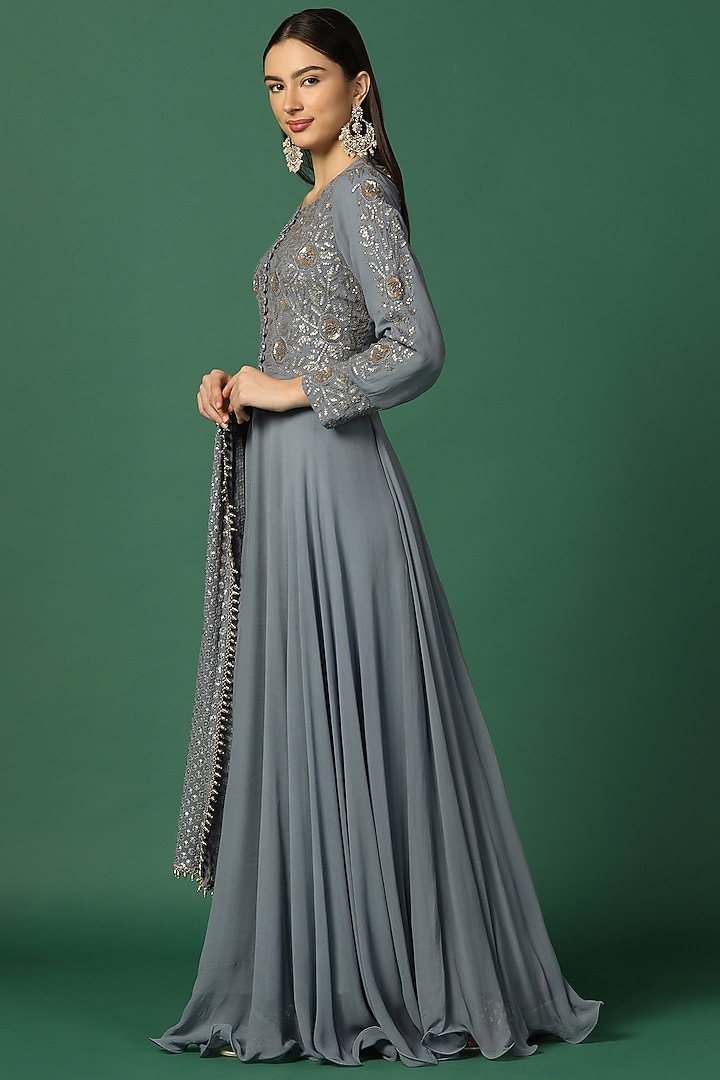 Powder Grey Georgette Embroidered Wedding Anarkali Set by Two Sisters By Gyans at Pernia's Pop Up Shop