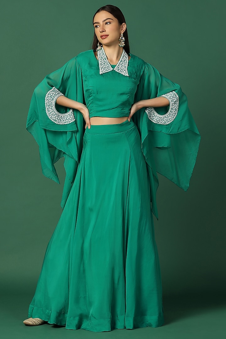 Green Organza Embroidered Cape Set by Two Sisters By Gyans at Pernia's Pop Up Shop