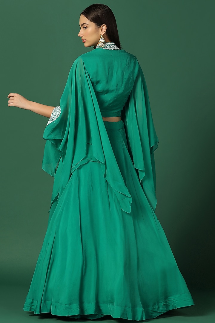 Green Organza Embroidered Cape Set by Two Sisters By Gyans at Pernia's Pop Up Shop