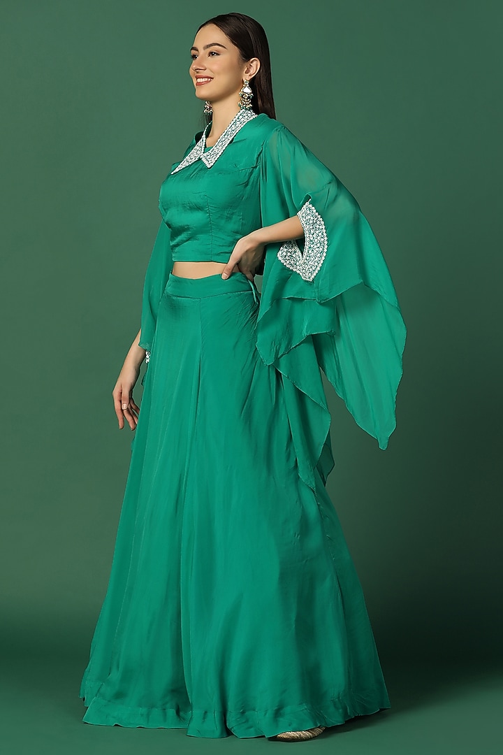 Green Organza Embroidered Cape Set by Two Sisters By Gyans at Pernia's Pop Up Shop