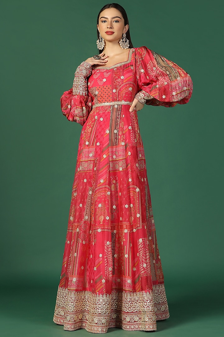 Pink Silk Georgette Embroidered & Printed Anarkali by Two Sisters By Gyans