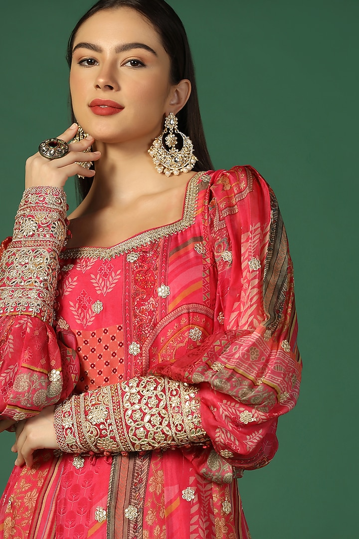 Pink Silk Georgette Embroidered & Printed Wedding Anarkali by Two Sisters By Gyans at Pernia's Pop Up Shop
