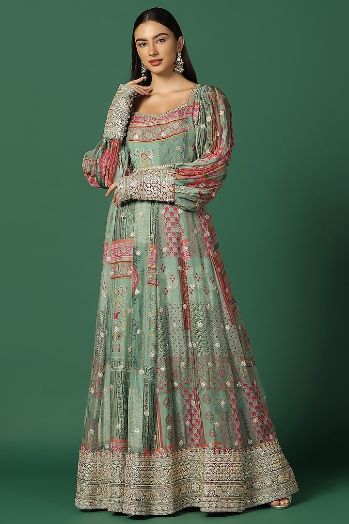 Green Silk Georgette Embroidered & Printed Anarkali by Two Sisters By Gyans