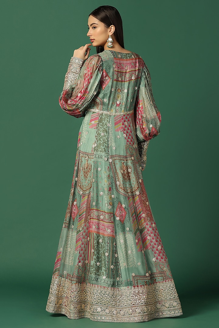 Green Silk Georgette Embroidered & Printed Wedding Anarkali by Two Sisters By Gyans at Pernia's Pop Up Shop