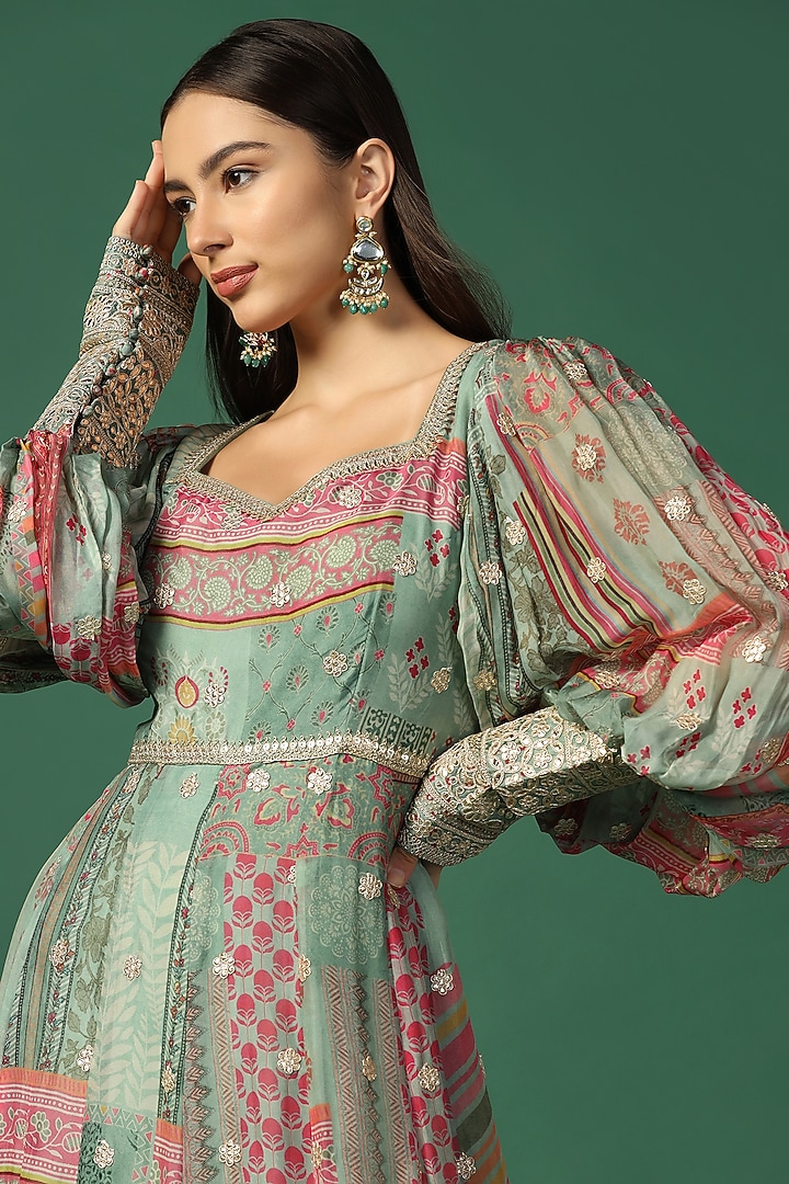 Green Silk Georgette Embroidered & Printed Wedding Anarkali by Two Sisters By Gyans at Pernia's Pop Up Shop