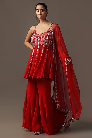 Red Georgette Mirror Work Gharara Set by Two Sisters By Gyans
