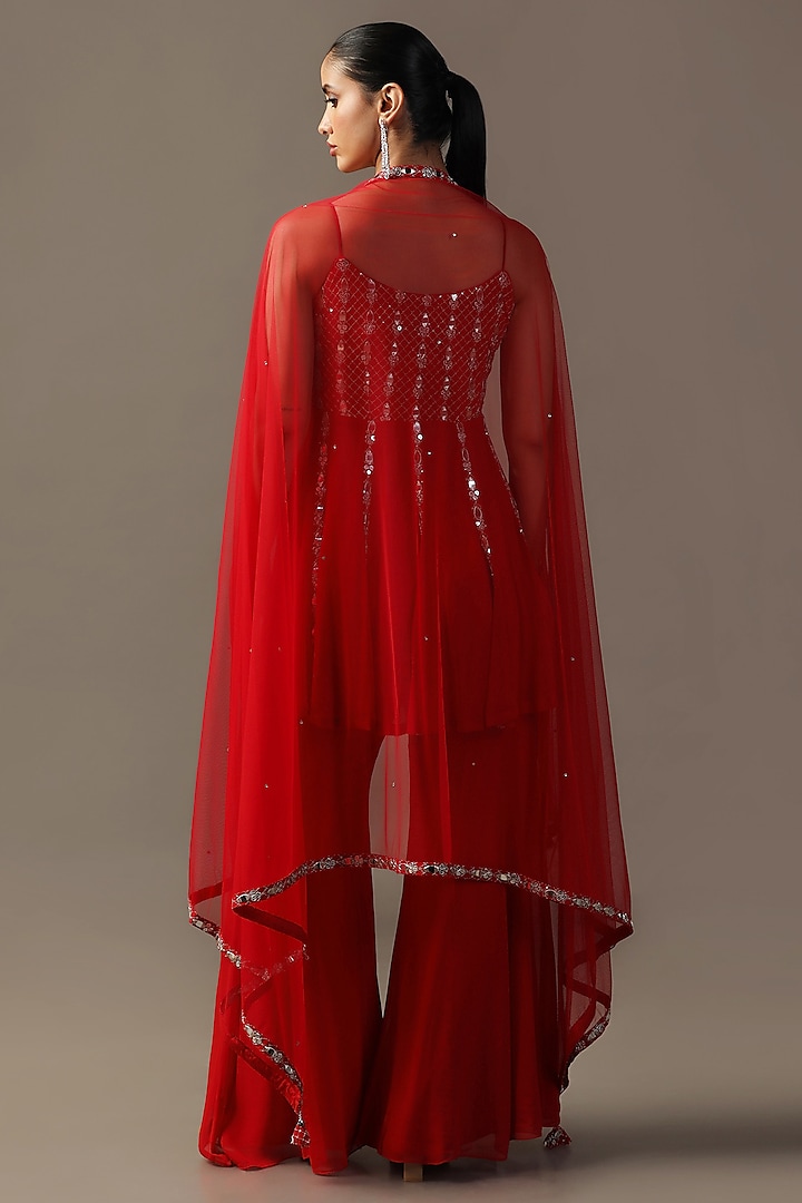 Red Georgette Mirror Work Gharara Set by Two Sisters By Gyans at Pernia's Pop Up Shop