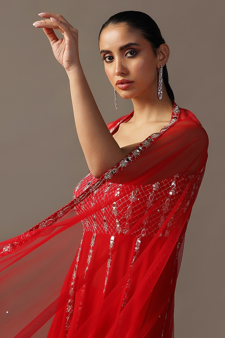 Red Georgette Mirror Work Gharara Set by Two Sisters By Gyans at Pernia's Pop Up Shop