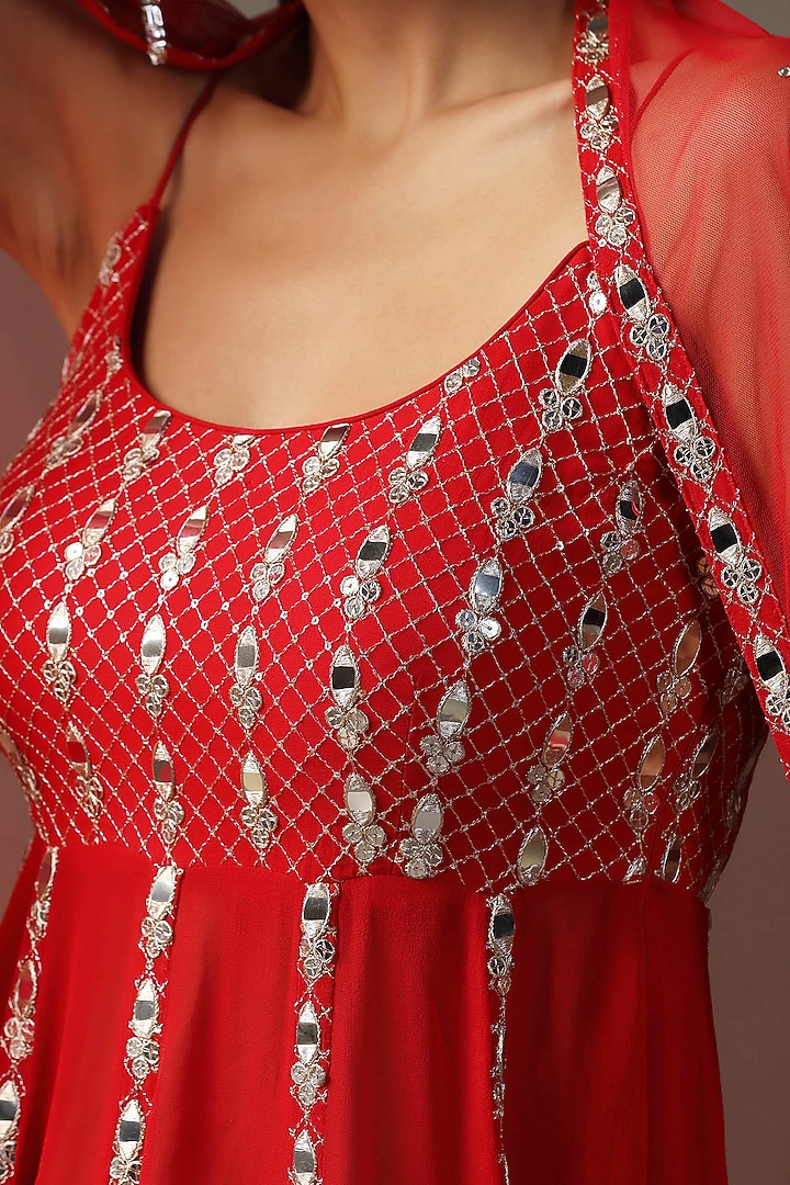 Red Georgette Mirror Work Gharara Set by Two Sisters By Gyans at Pernia's Pop Up Shop