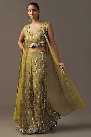 Green Georgette Mirror Work Gharara Set by Two Sisters By Gyans
