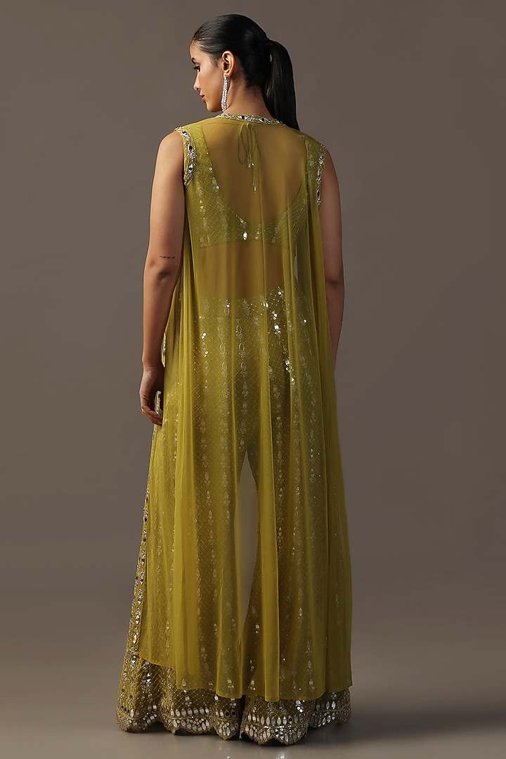 Green Georgette Mirror Work Gharara Set by Two Sisters By Gyans at Pernia's Pop Up Shop
