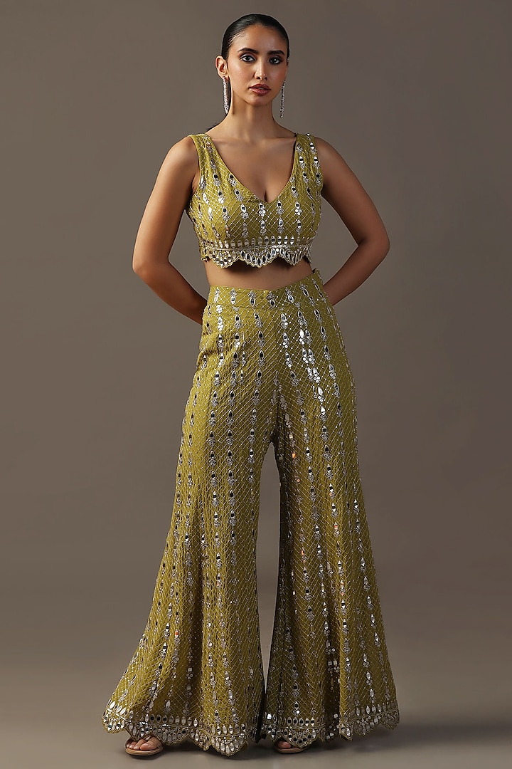 Green Georgette Mirror Work Gharara Set by Two Sisters By Gyans at Pernia's Pop Up Shop