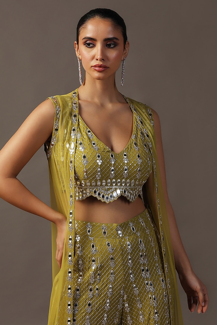 Green Georgette Mirror Work Gharara Set by Two Sisters By Gyans at Pernia's Pop Up Shop