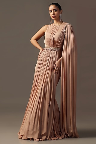 Dusky Peach Georgette Sequins Work Draped Lehenga Saree Set by Two Sisters By Gyans