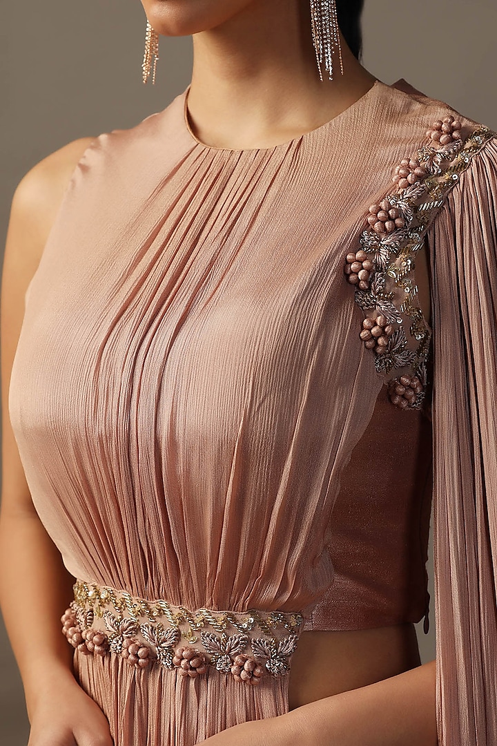 Dusky Peach Georgette Sequins Work Draped Wedding Lehenga Saree Set by Two Sisters By Gyans at Pernia's Pop Up Shop