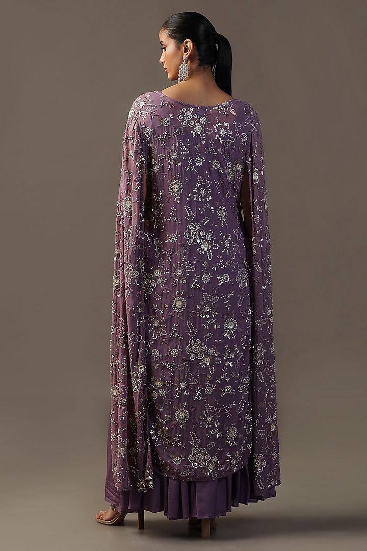 Purple Georgette Sequins Work Cape Set by Two Sisters By Gyans at Pernia's Pop Up Shop