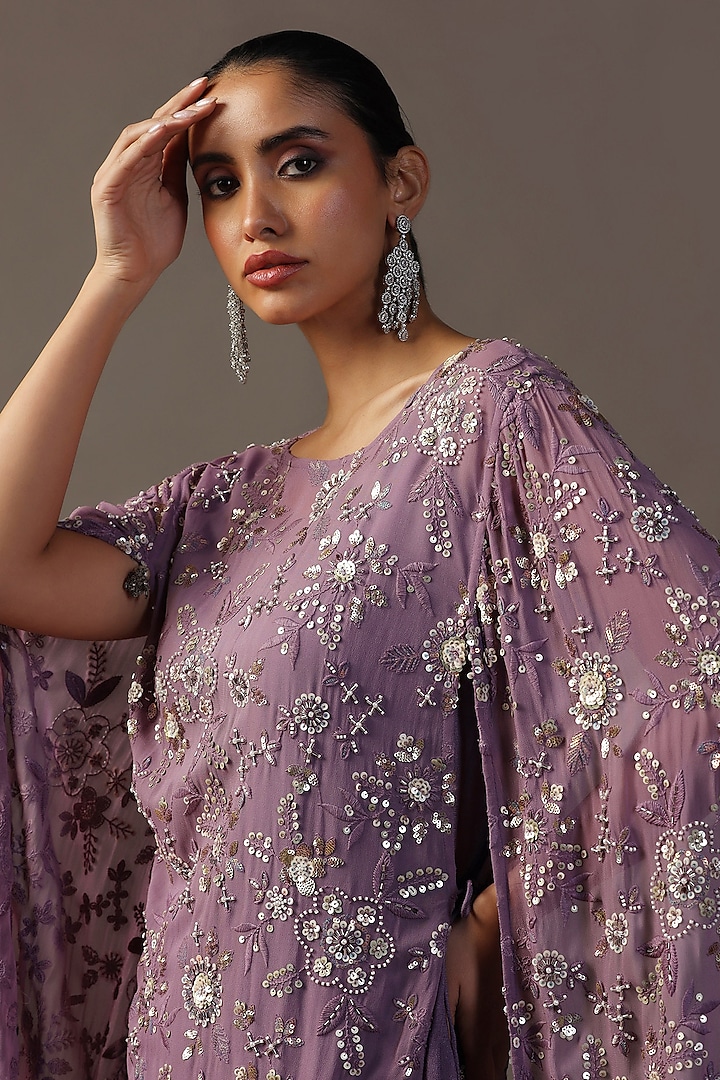 Purple Georgette Sequins Work Cape Set by Two Sisters By Gyans at Pernia's Pop Up Shop