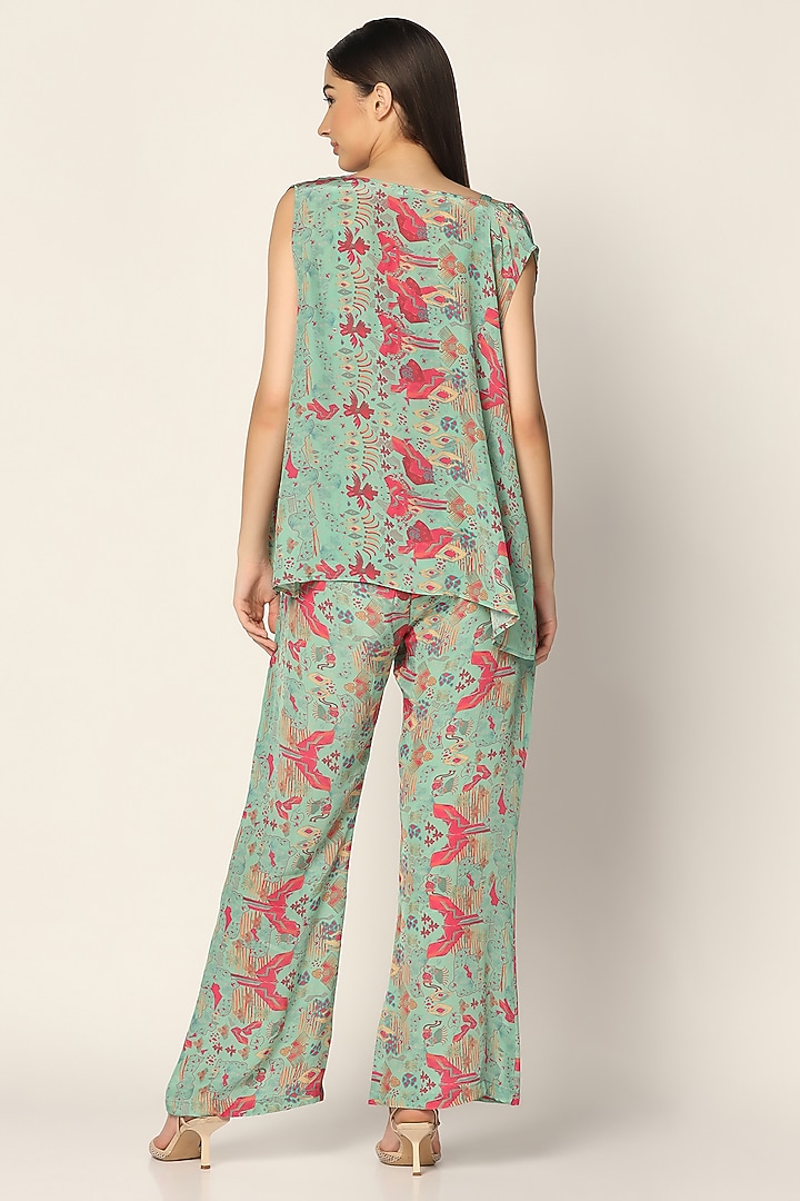 Blue & Pink Crepe Printed Jacket Set by Two Sisters By Gyans at Pernia's Pop Up Shop