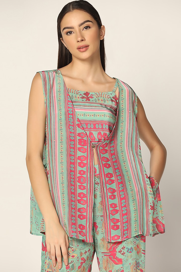 Blue & Pink Crepe Printed Jacket Set by Two Sisters By Gyans at Pernia's Pop Up Shop