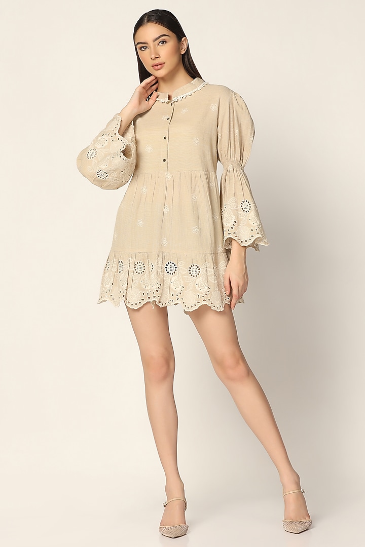 Beige Cotton Thread Embroidered Vacation Dress by Two Sisters By Gyans at Pernia's Pop Up Shop