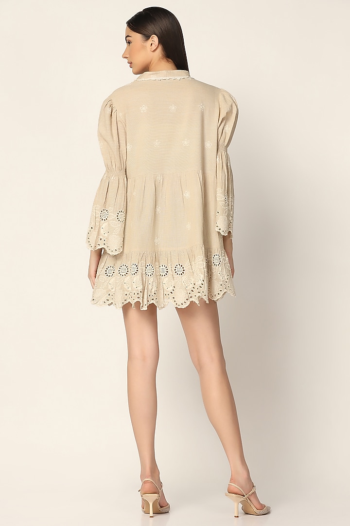 Beige Cotton Thread Embroidered Vacation Dress by Two Sisters By Gyans at Pernia's Pop Up Shop