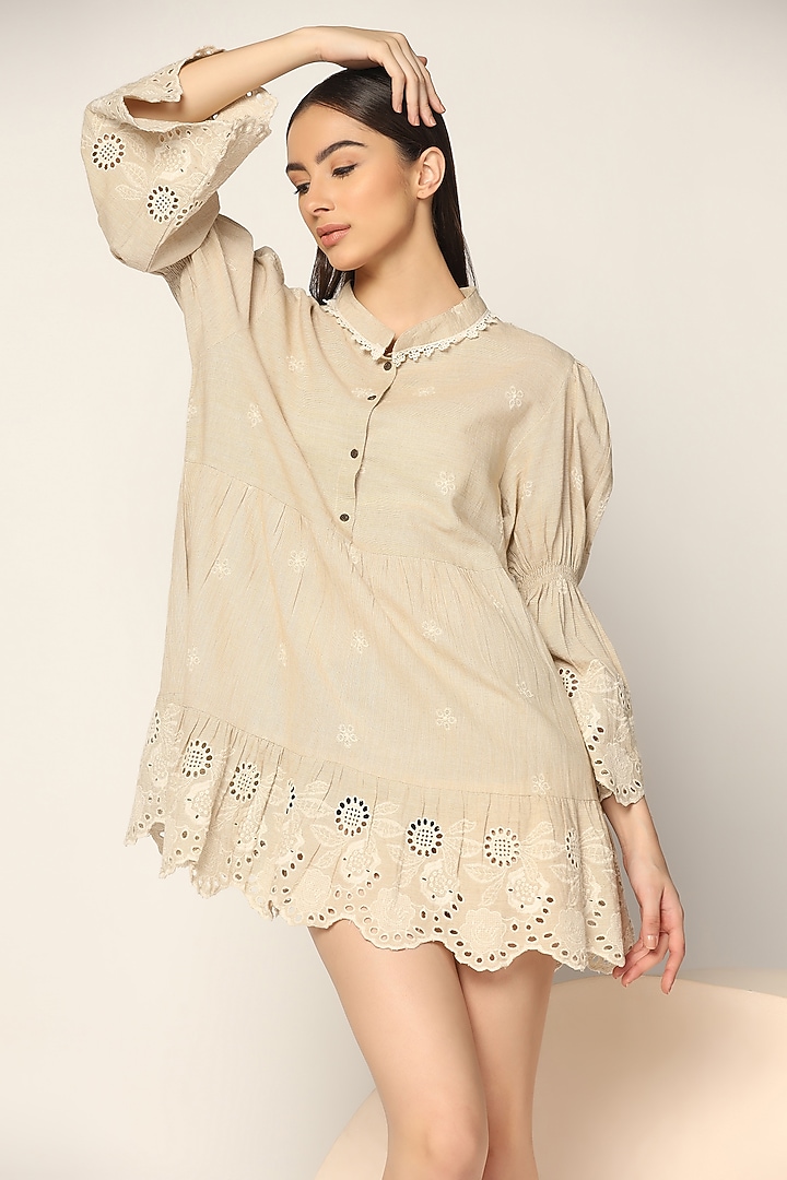 Beige Cotton Thread Embroidered Vacation Dress by Two Sisters By Gyans at Pernia's Pop Up Shop