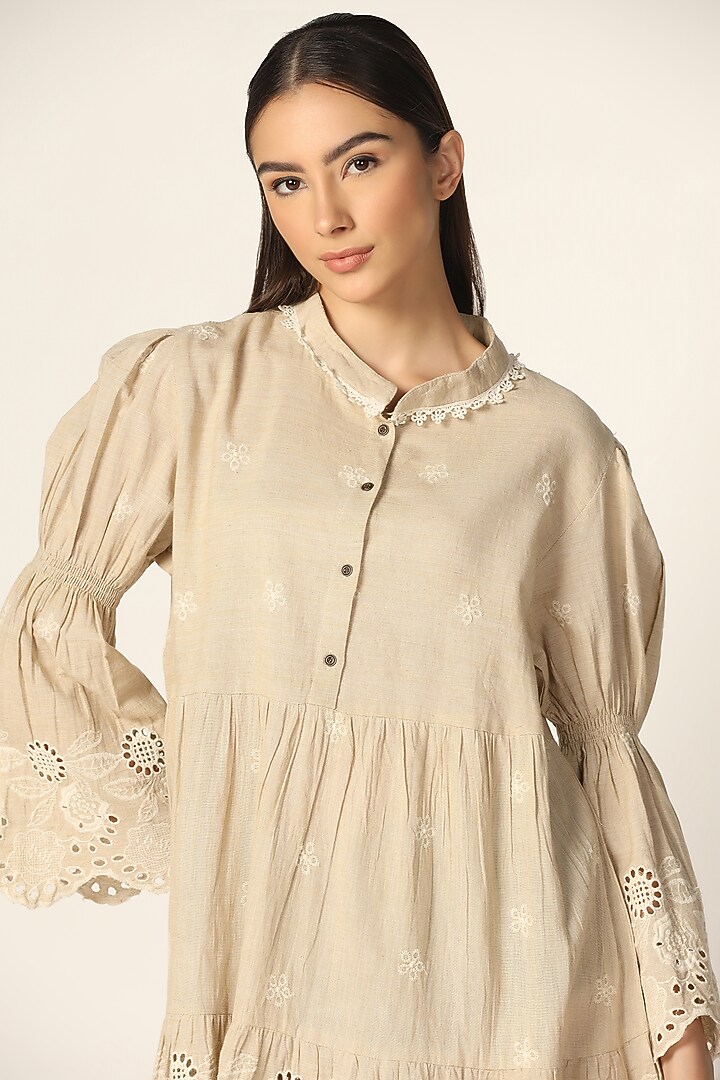 Beige Cotton Thread Embroidered Vacation Dress by Two Sisters By Gyans at Pernia's Pop Up Shop