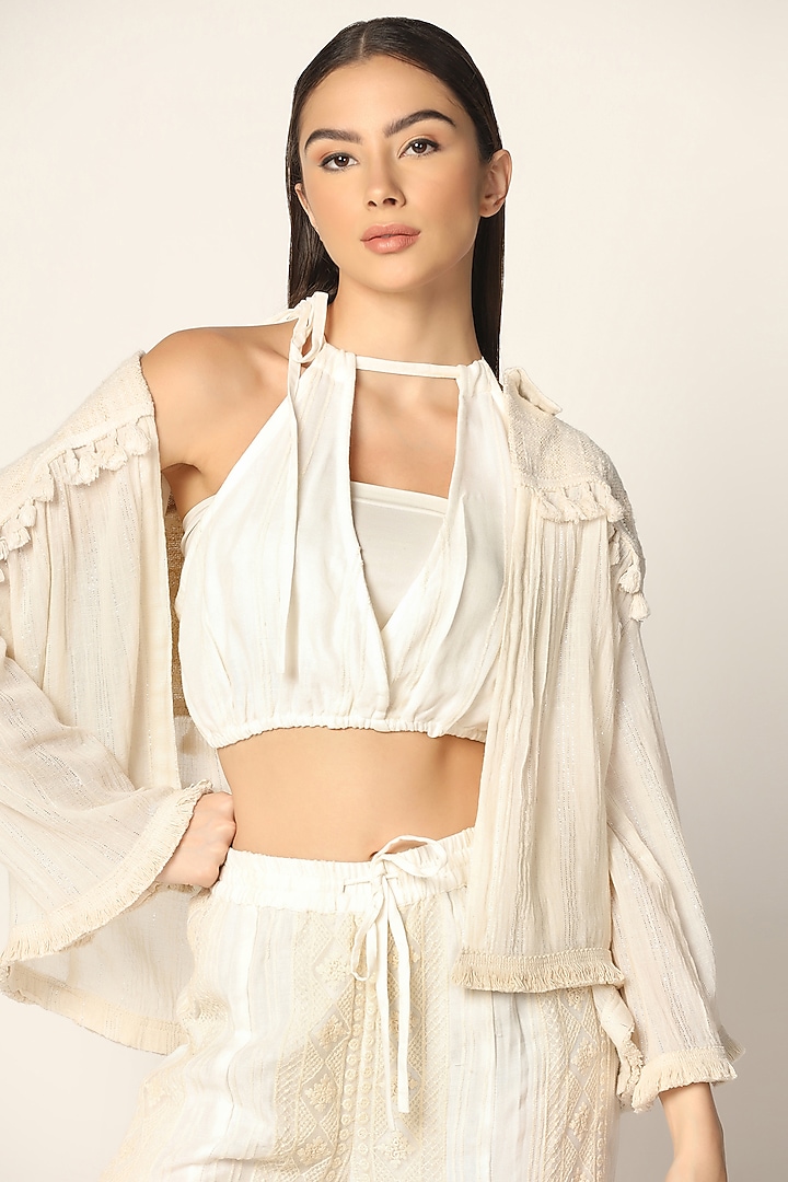 Off-white Thread Embroidered Jacket Set by Two Sisters By Gyans at Pernia's Pop Up Shop