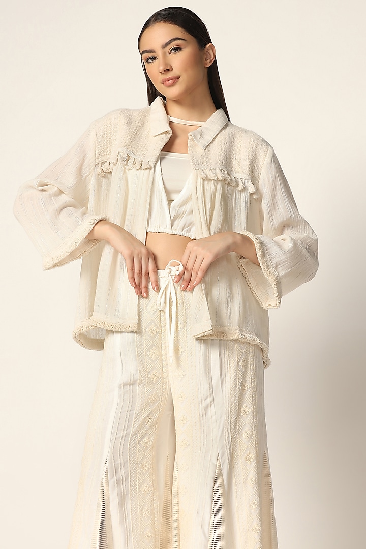 Off-white Thread Embroidered Jacket Set by Two Sisters By Gyans at Pernia's Pop Up Shop