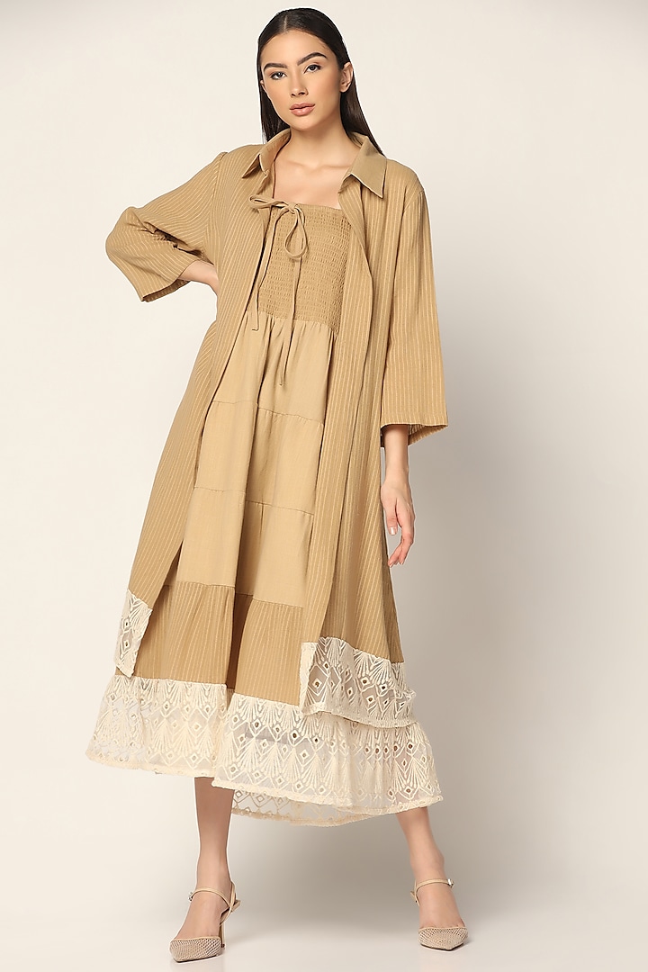 Light Brown Cotton Thread Embroidered Dress With Long Shirt by Two Sisters By Gyans at Pernia's Pop Up Shop