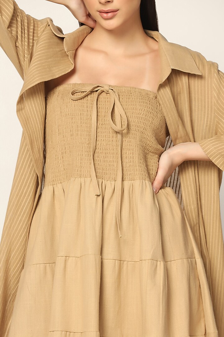 Light Brown Cotton Thread Embroidered Vacation Dress With Long Shirt by Two Sisters By Gyans at Pernia's Pop Up Shop