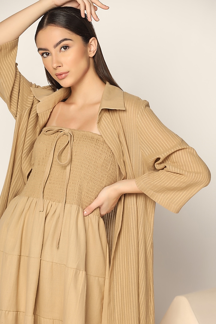 Light Brown Cotton Thread Embroidered Vacation Dress With Long Shirt by Two Sisters By Gyans at Pernia's Pop Up Shop