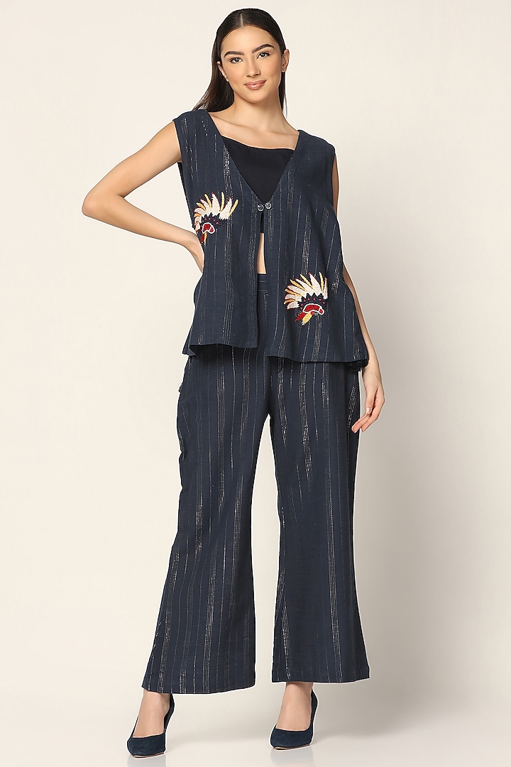 Blue Cotton Thread Embroidered Jacket Set by Two Sisters By Gyans at Pernia's Pop Up Shop