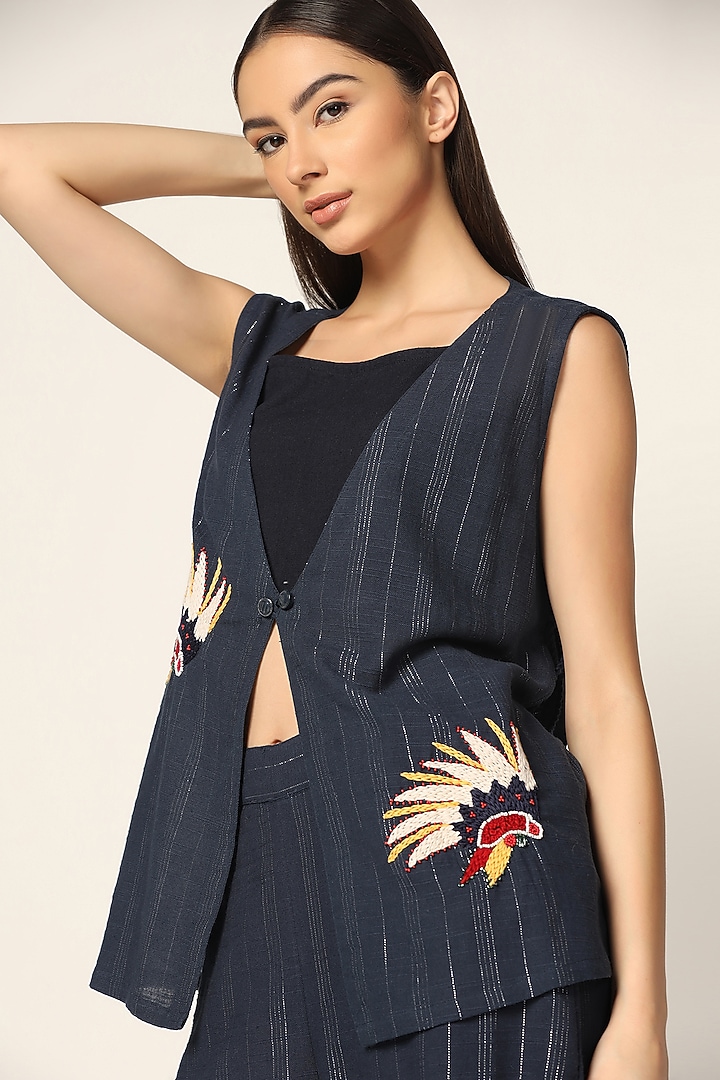 Blue Cotton Thread Embroidered Jacket Set by Two Sisters By Gyans at Pernia's Pop Up Shop