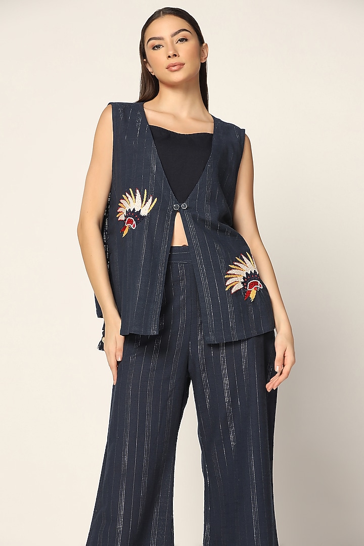 Blue Cotton Thread Embroidered Jacket Set by Two Sisters By Gyans at Pernia's Pop Up Shop