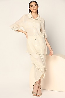 Classy Off White Cotton Blend Beautiful Readymade Co-Ord Top With Bottom Set Suit Design Pant