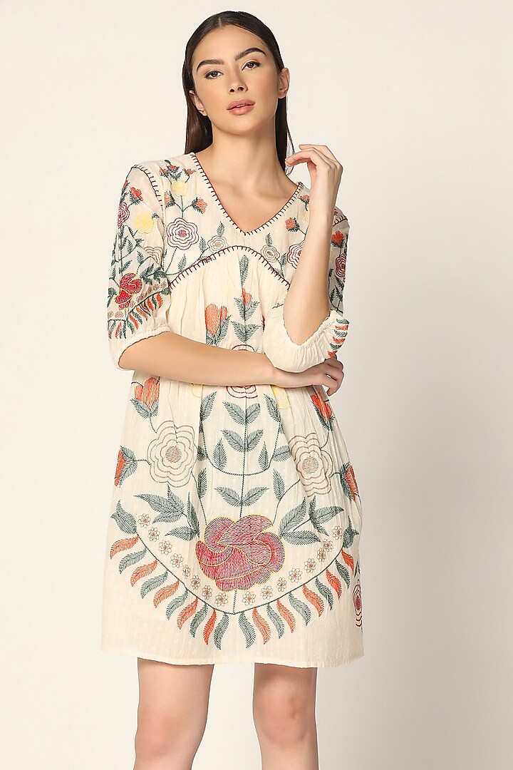 Off-White Cotton Thread Embroidered Vacation Dress by Two Sisters By Gyans at Pernia's Pop Up Shop