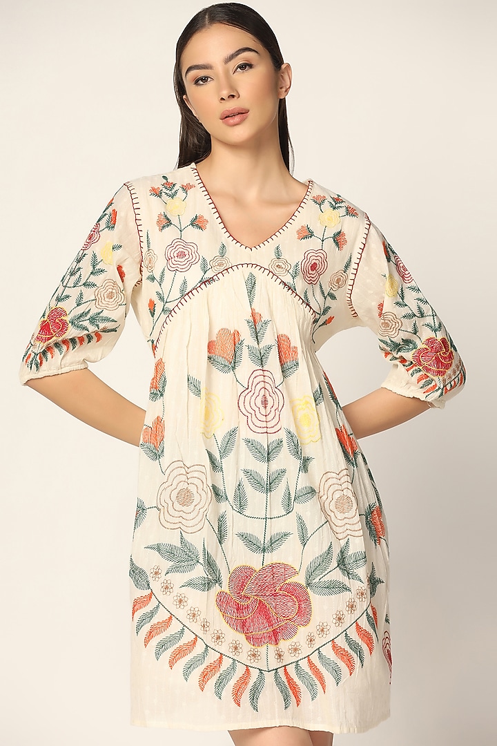 Off-White Cotton Thread Embroidered Vacation Dress by Two Sisters By Gyans at Pernia's Pop Up Shop