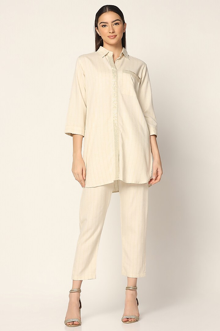 OffWhite Cotton Thread Embroidered CoOrd Set Design by Two Sisters By Gyans at Pernia's Pop Up