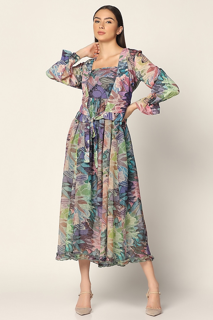 Purple Crepe Printed Jacket Dress by Two Sisters By Gyans