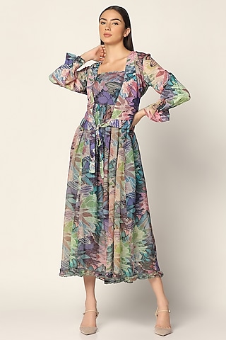 Purple Crepe Printed Jacket Dress by Two Sisters By Gyans