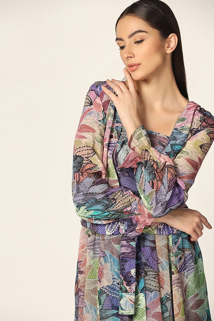 Purple Crepe Printed Jacket Cocktail Dress by Two Sisters By Gyans at Pernia's Pop Up Shop