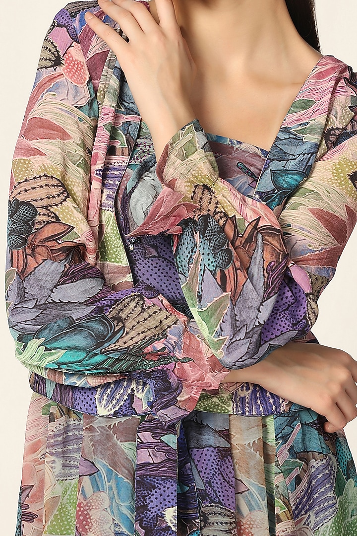 Purple Crepe Printed Jacket Cocktail Dress by Two Sisters By Gyans at Pernia's Pop Up Shop