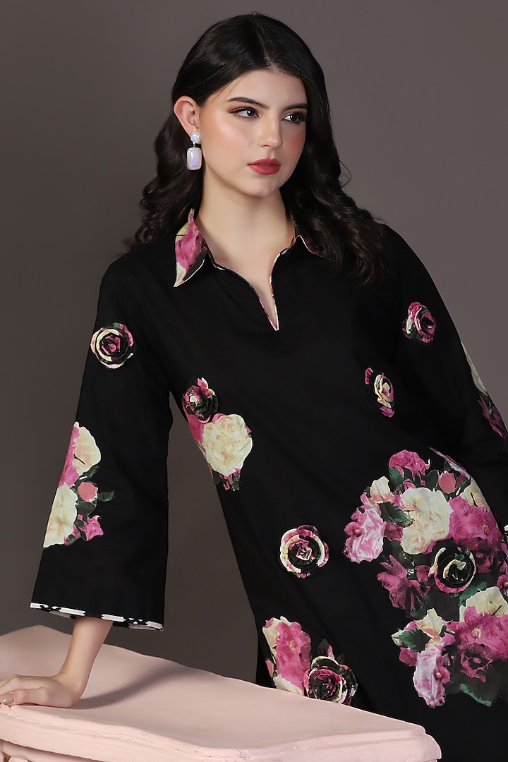 Black Cotton Voile Floral Printed & Embroidered Kurta Set by Two Sisters By Gyans at Pernia's Pop Up Shop