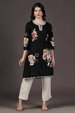 Black Cotton Voile Floral Printed & Embroidered Kurta Set by Two Sisters By Gyans