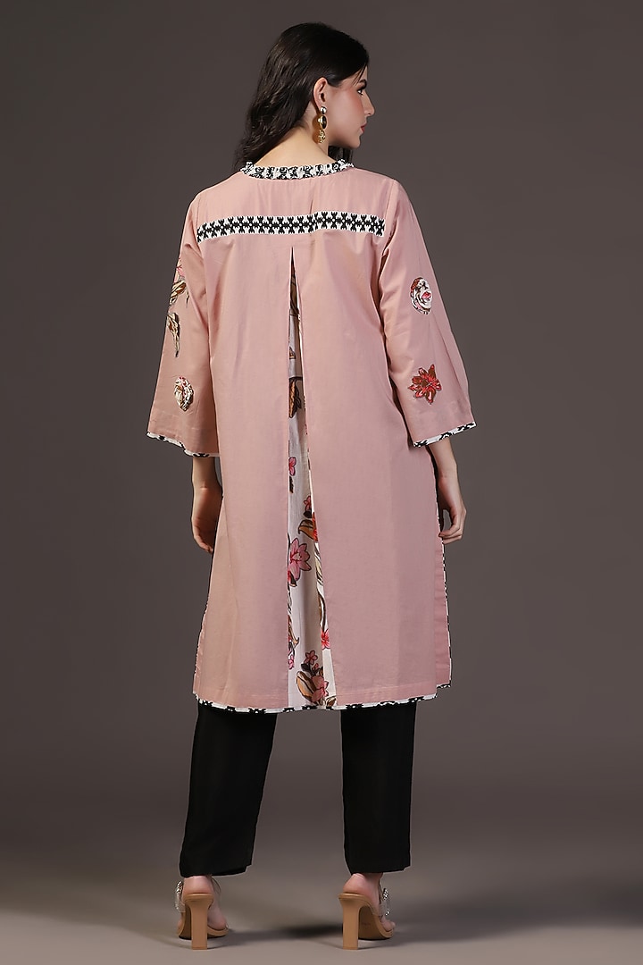Peach Cotton Voile Floral Printed & Embroidered Kurta Set by Two Sisters By Gyans at Pernia's Pop Up Shop